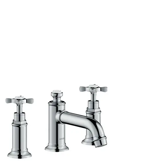 Drei Loch Waschtischarmatur von AXOR mit verchromter Oberfläche, zwei Kreuzgriffen rechts und links sowie einem auslaufenden Wasserhahn in der Mitte.